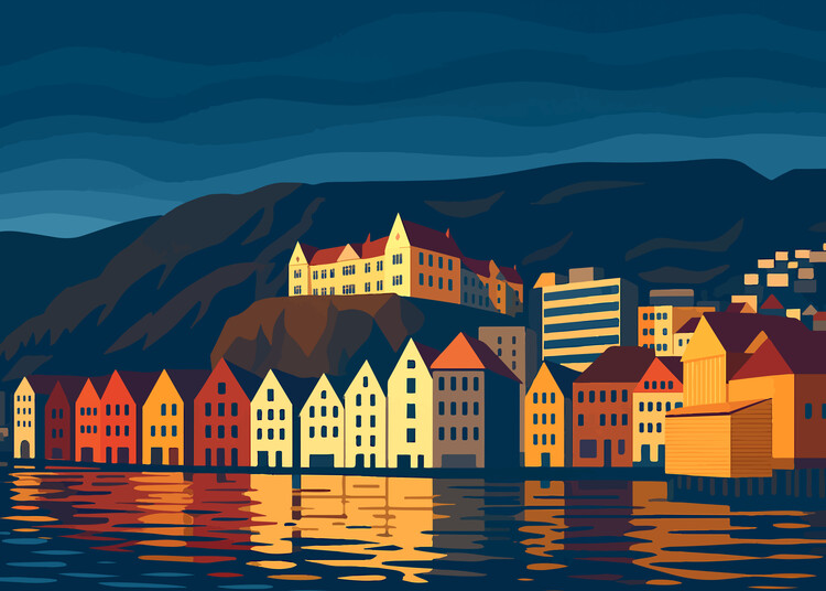 Poster Art Deco Bergen - Norwegian Waterfront Townscape Print