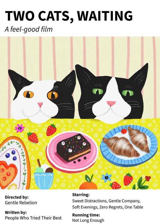 Poster Two Cats Waiting A feel-good film Colorful Illustrated print