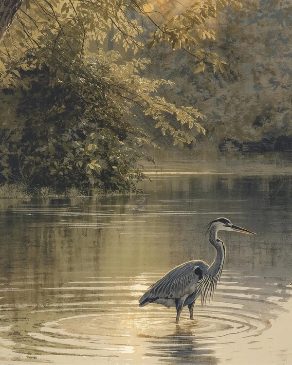 Poster A Heron in the Morning Lake