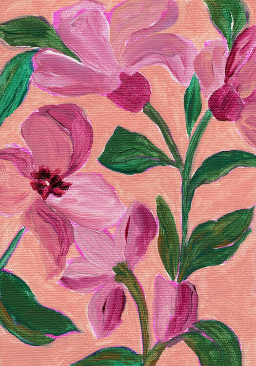 Poster Pink Flowers With Bold Green Leaves
