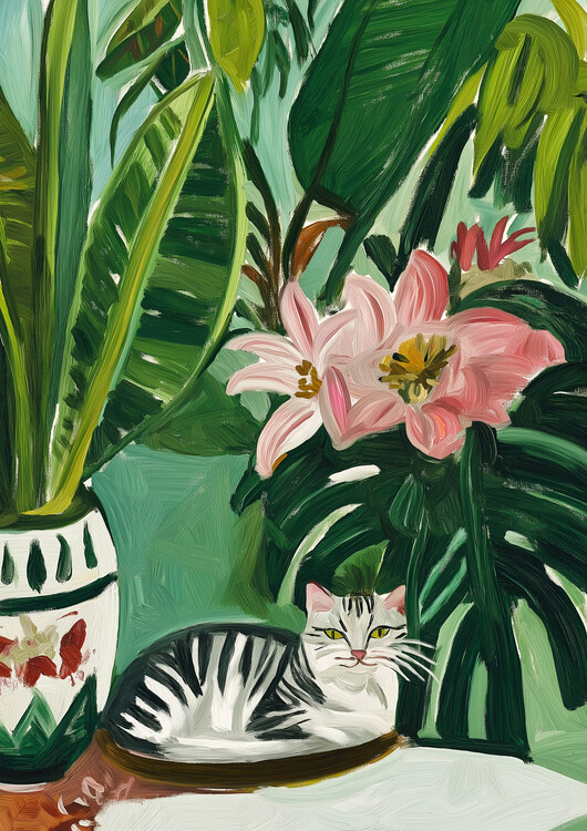 Levně Plakát, Obraz - Tropical Muse With Cat, SHANDU, 30 × 40 cm