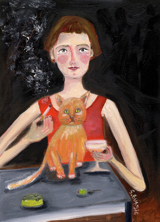 Levně Plakát, Obraz - Vintage woman with cocktail and cat, Sharyn Bursic, 30 × 40 cm