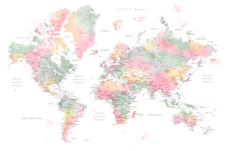 Levně Plakát, Obraz - Pastel watercolor world map with cities, Rosana, 40 × 26.7 cm