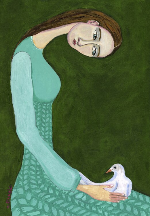 Poster Lady sitting with white dove bird woman