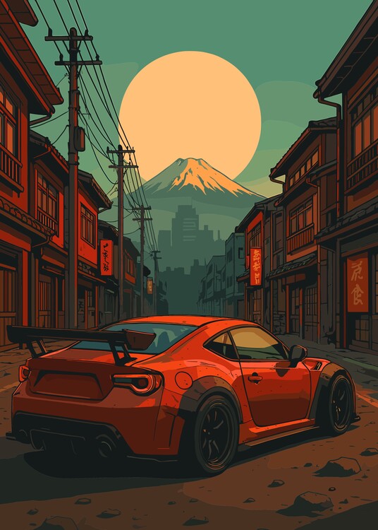 Juliste Orange Japanese Car Mount Fuji Japan