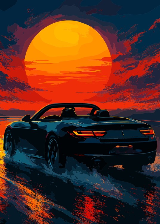 Poster Sunset Car Landscape