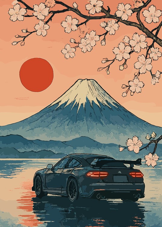 Poster Vintage Black Car Mt Fuji Landscape