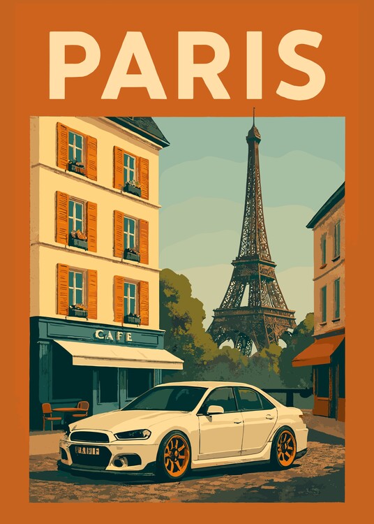 Billede på lærred White Car Paris Cityscape
