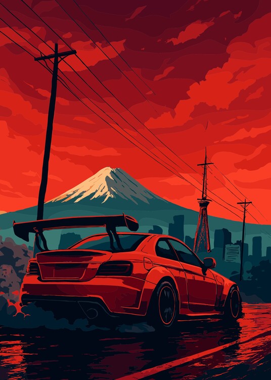Poster Red Car Fuji Mount Japan Cityscape