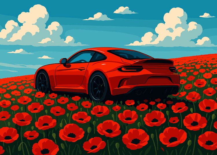 Poster Red Sport Car Flowers