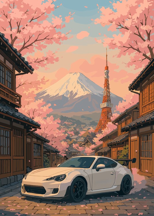 Juliste White Car Tower Japan MT Fuji
