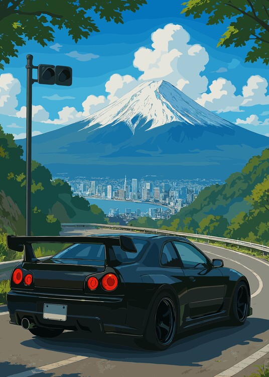 Картината върху платно Cityscape Mount Fuji with Black Car