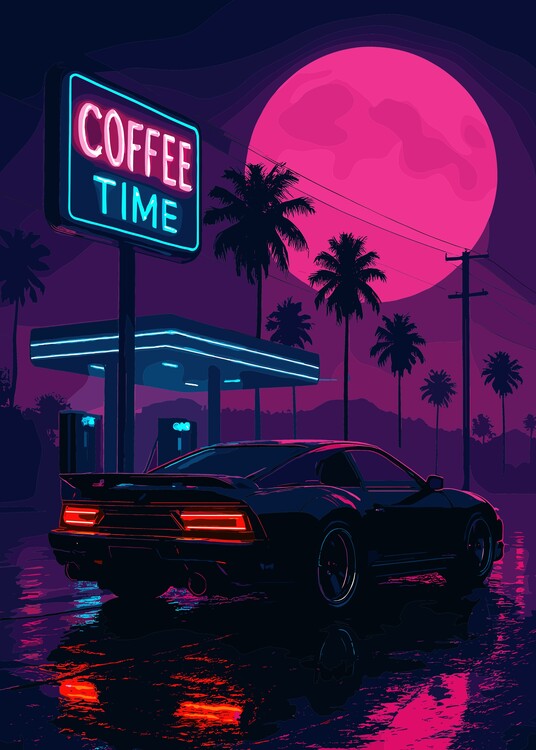 Poster Retro Black Car Moonlight