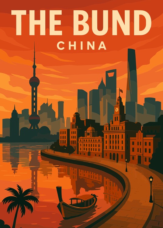 Poster Vintage Travel The Bund China Cityscape