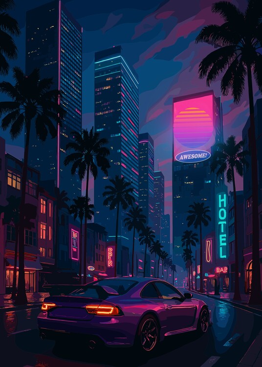 Poster Car Cityscape Neon Palm Trees