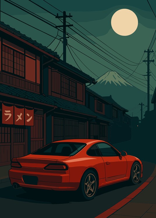 Плакат Red Car Moonlight MT Fuji