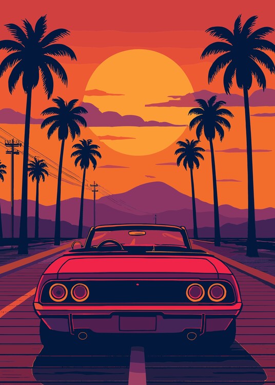 Poster Retro Sunset Classic Pink Car