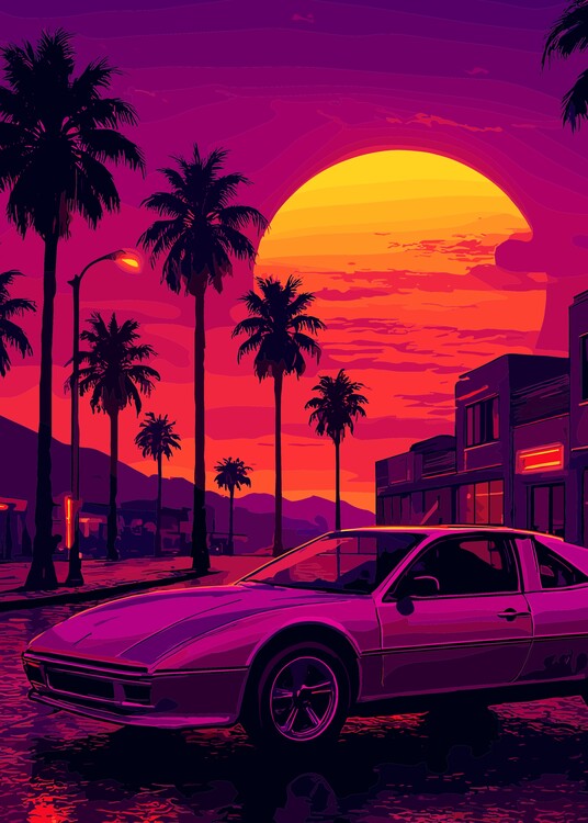 Картината върху платно Retro Sunset Pink Car Cityscape