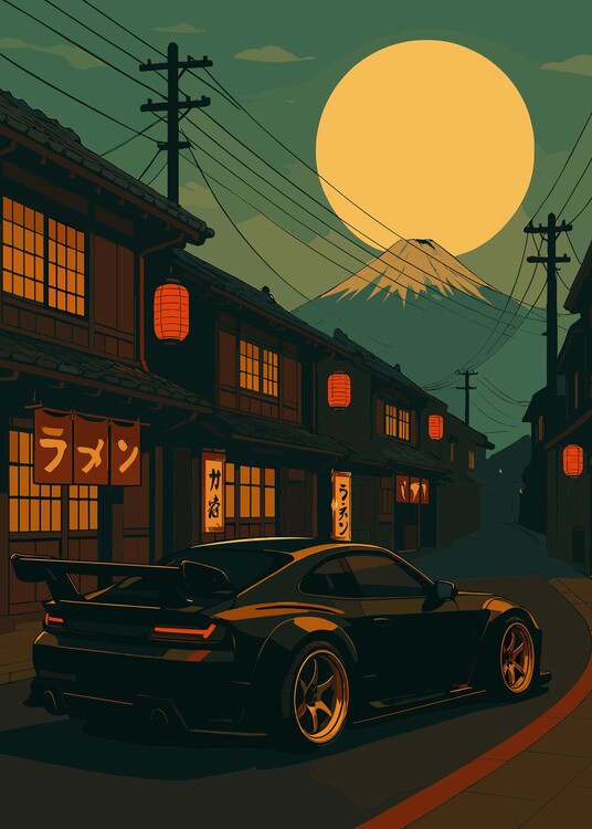 Canvas-taulu Vintage Black Car Japanese Mount Fuji
