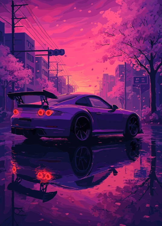 Плакат White Car Japanese Neon Style