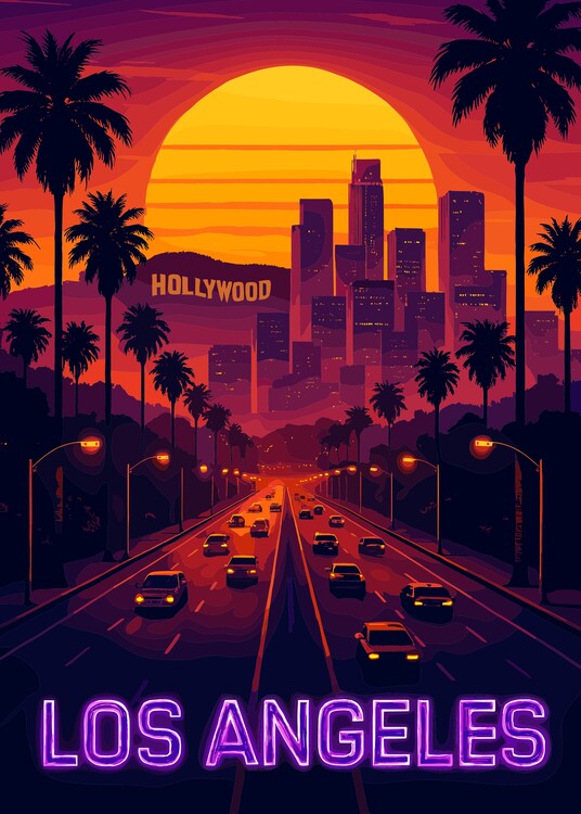 Poster Retro Sunset Los Angles Cars