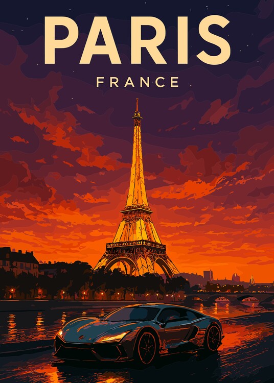 Poster Retro Paris Cityscape Black Car