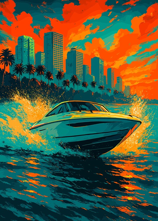 Poster Retro speedboat Cityscape