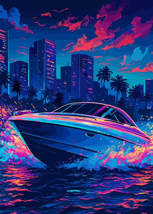 Poster Retro Neon Speedboat Cityscape