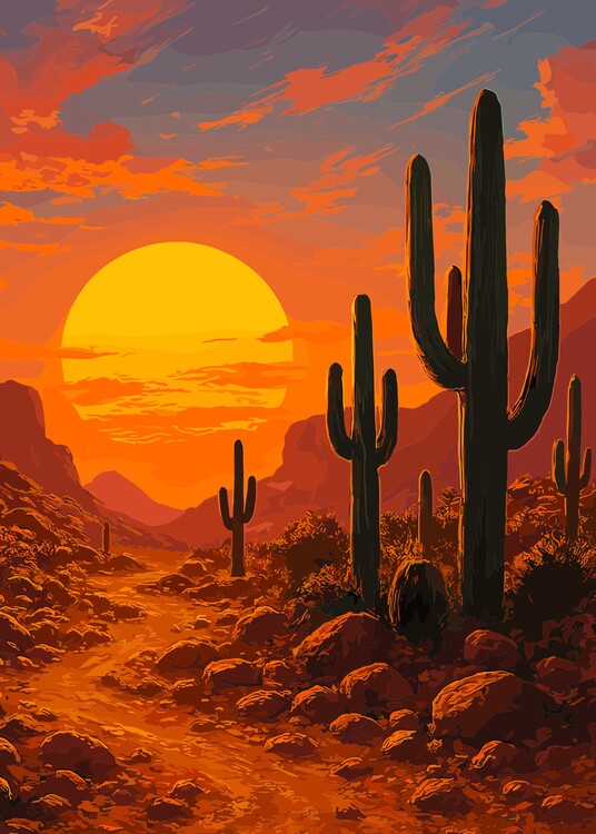 Poster Retro desert sunset scene landscape