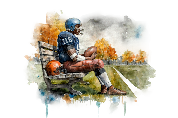 T-shirt Football player on bench. American football. Watercolor