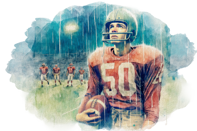 T-shirt Art Print of Football Player in Helmet Holding Football. Wat