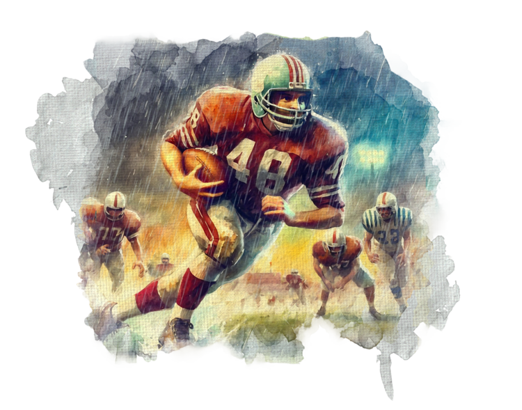 T-shirt A framed football art print featuring a player in a red jers