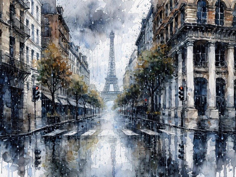 Poster Eiffel Tower in Paris during rain