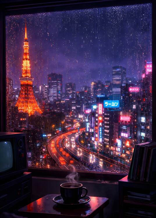 Poster Tokyo Tower Cityscapes Rain Coffee