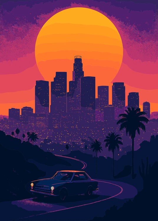 Плакат Retro Sunset Classic Car Cityscape