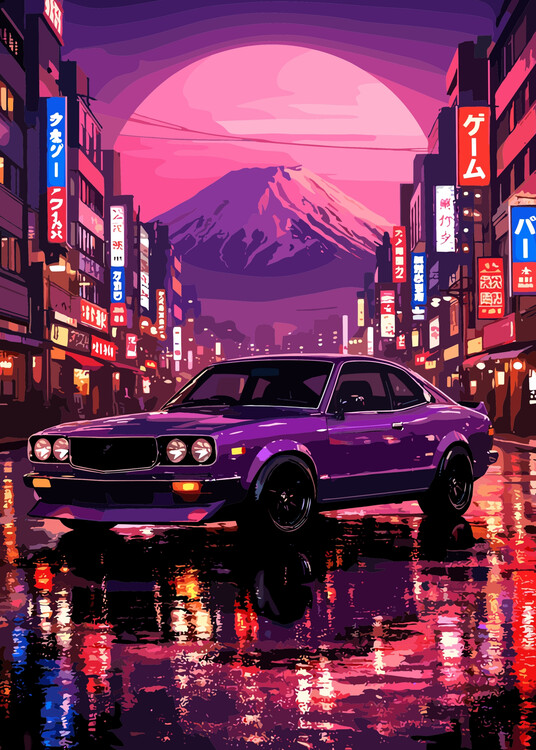 Плакат Retro Classic Car Fuji Mount Japan