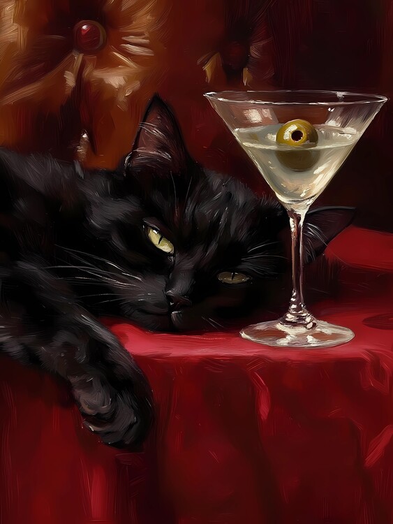 Плакат Black cat with martini