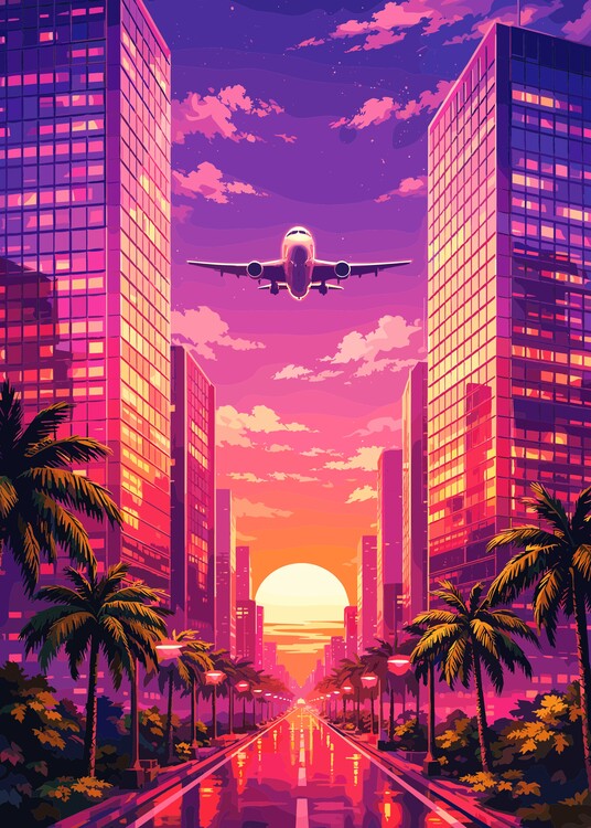 Poster Retro Sunset Cityscape Airplane