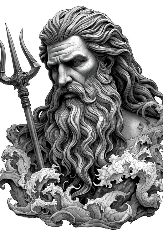 Poster Neptune’s Command: Mythological Monochrome Graphic Art