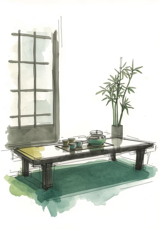 Плакат Zen Tea Ceremony: Minimalist Watercolor Sketch