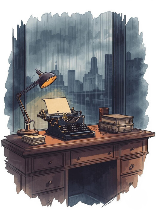 Плакат Writer's Rainy Day: Vintage Desk Sketch