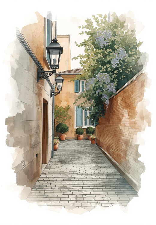 Плакат Cozy European Courtyard: Watercolor Alley Sketch