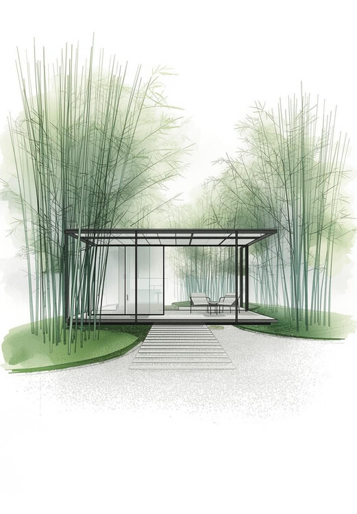 Плакат Modern Bamboo Pavilion: Architectural Garden Sketch
