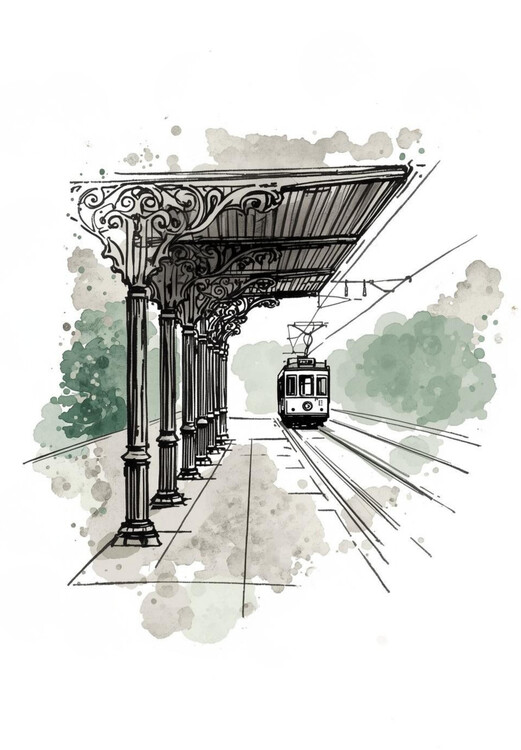 Плакат Vintage Tram Stop: Artistic City Sketch