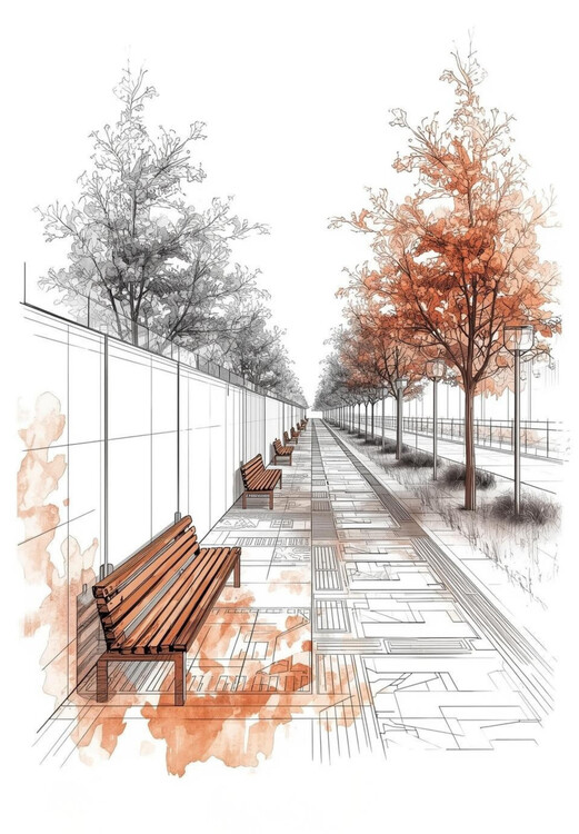 Плакат Autumn Park Alley: Minimalist Perspective Sketch