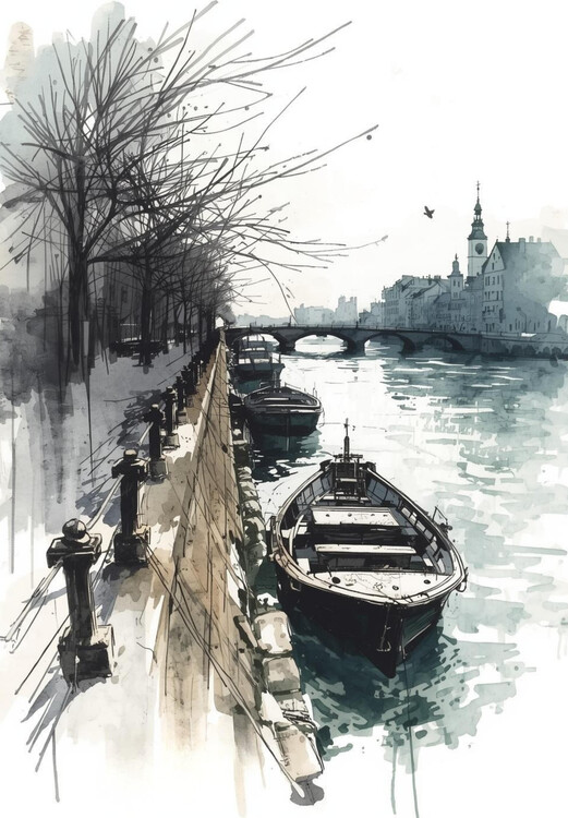 Плакат Riverside Promenade: Boats & Bridge City Sketch