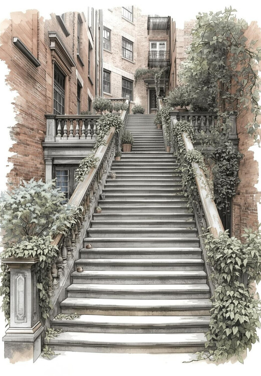 Плакат Elegant Garden Steps: Urban Watercolor Sketch