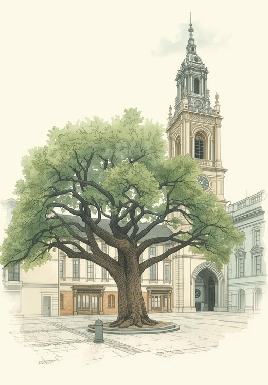 Плакат Old Town Square Tree: Architectural City Sketch