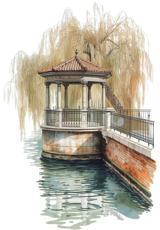 Плакат Lakeside Gazebo: Classical Garden Sketch
