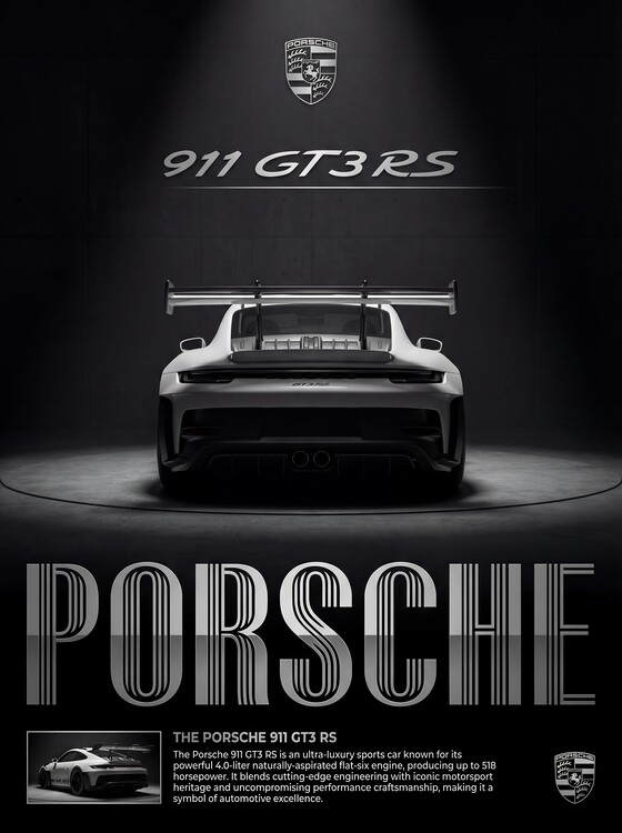 Poster 911 GT3 RS Porsche Poster - Black & White Minimalist